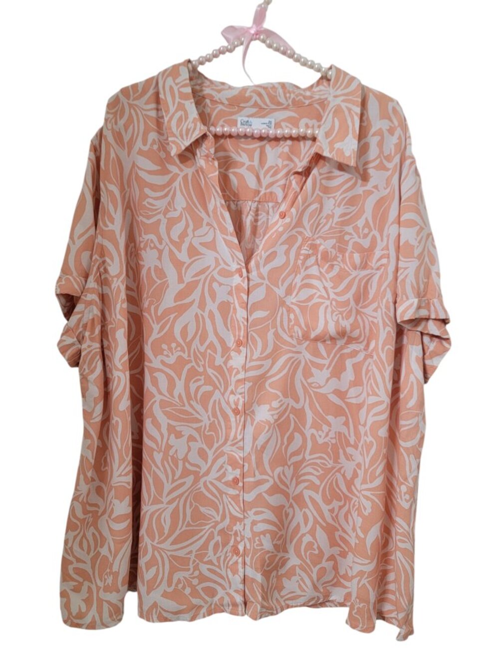 Croft & Barrow Size 3X Peachy-Orange & White Tropical Button Down Shirt